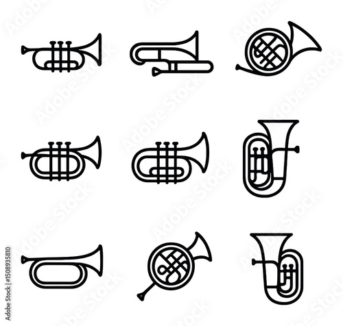 Brass Instrument Icons. Outline icon set of vintage brass instrument collection: trumpet, trombone, French horn, tuba, cornet,