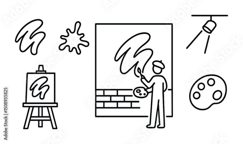 Artist creating abstract mural in studio with easel and palette sketch