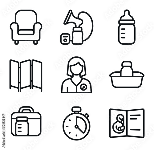 Breastfeeding Support Icons. Outline icon set of breastfeeding support center: nursing chair, breast pump, milk bottle, lactation