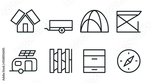 Camping and outdoor equipment icons for travel and adventure design projects
