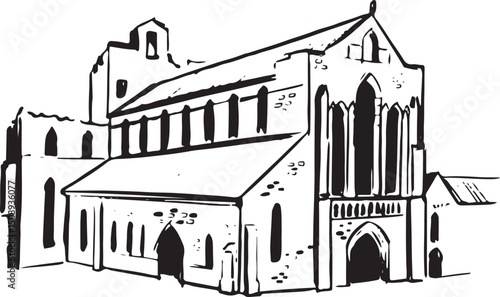 Lanercost Priory ink illustration. Carlisle England landmark vector drawing. Augustinian Gothic medieval architecture sketch. Heritage cultural historical site. Simple ink textured style.