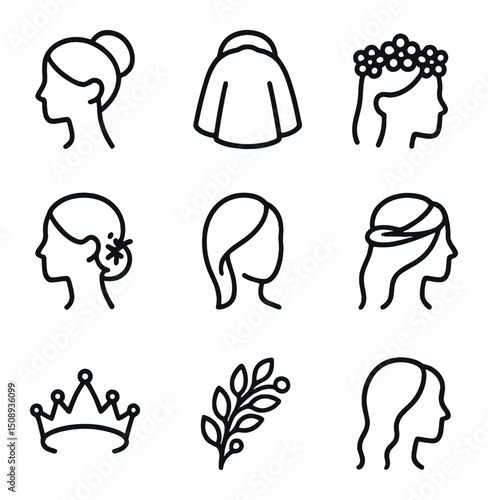 Bridal Styling Icon Set. Outline icon set of bridal and event styling: updo bun, bridal veil, floral crown, hair vine, side sweep,