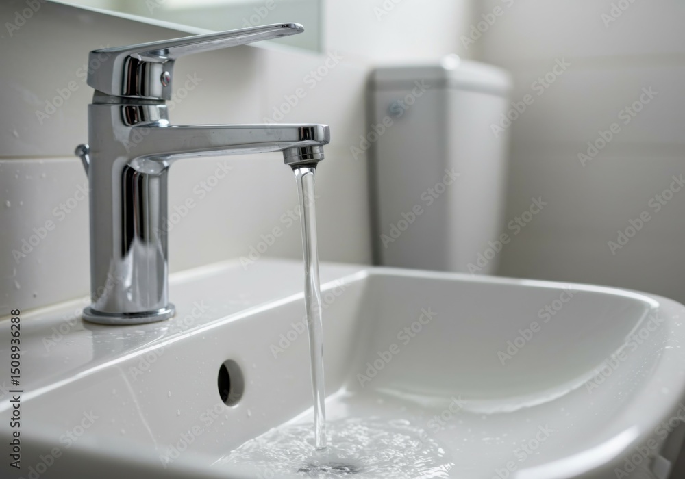 Fototapeta premium A close-up of water pouring steadily from a bathroom tap in a bright, minimalist restroom interior.