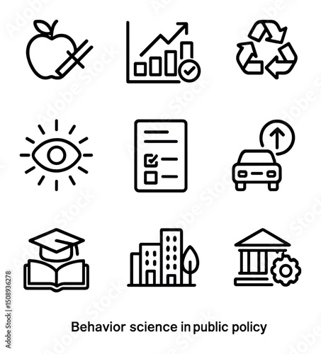 Behavior Science Icons. Outline icon set of behavior science in public policy: health behavior icon,