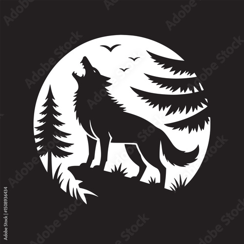 A silhouette of a howling wolf standing on a rock against a moonlit background with trees and birds