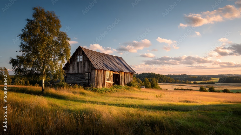 Obraz premium Weathered Barn on Golden Field at Sunset with Distant Forest in Rural Scenery