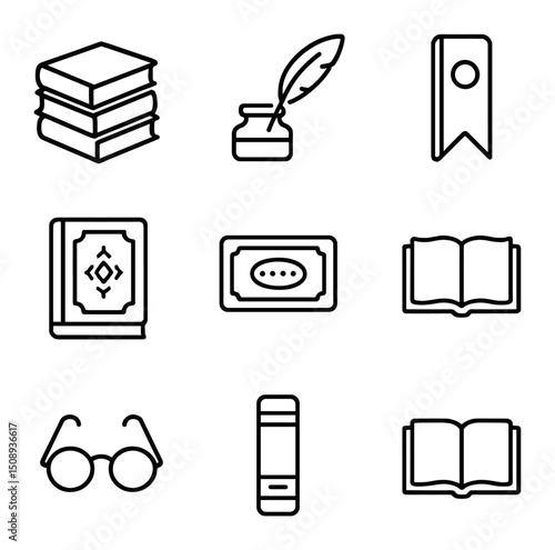 Classic Novels Icon Set. Outline icon set of stack of classic novels: hardcover book, quill pen, ink bottle, leather bookmark,