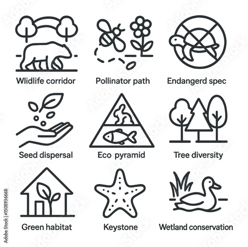 Biodiversity Protection Icons. Outline icon set of biodiversity protection: wildlife corridor,