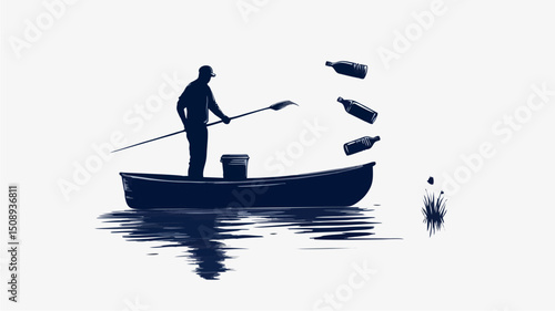 Man in Boat with Paddle and Floating Bottles, Water Reflection, Environmental Pollution