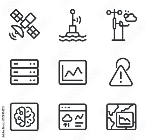 Climate Monitoring Icons. Outline icon set of climate data and monitoring: satellite, remote sensor buoy, weather station, data