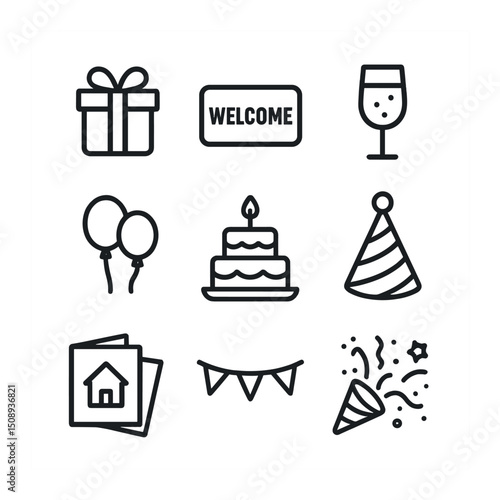 Housewarming Celebration Icons. Outline icon set of housewarming celebrations: gift box, welcome mat, champagne glass, balloons,