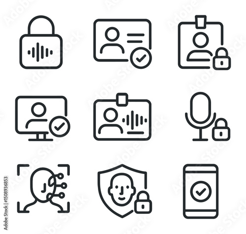 Biometric Icons Set. Outline icon set of biometric voice authentication: lock with voice wave, ID