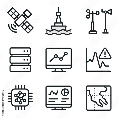 Climate Monitoring Icons. Outline icon set of climate data and monitoring: satellite, remote sensor buoy, weather station, data