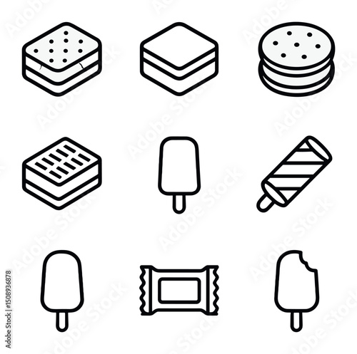 Ice Cream Icons. Outline icon set of ice cream sandwiches and bars: ice cream sandwich, brownie sandwich, cookie sandwich, wafer