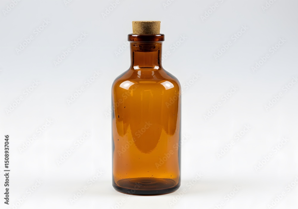 Amber glass bottle with cork stopper on white background perfect for mockups Amber glass bottle with cork stopper on white background perfect for mockups