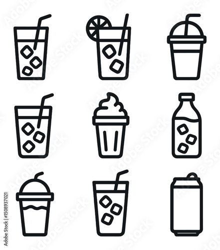 Cold Beverages Icons. Outline icon set of cold beverages: iced tea glass, lemonade, smoothie cup, iced coffee, milkshake, cold
