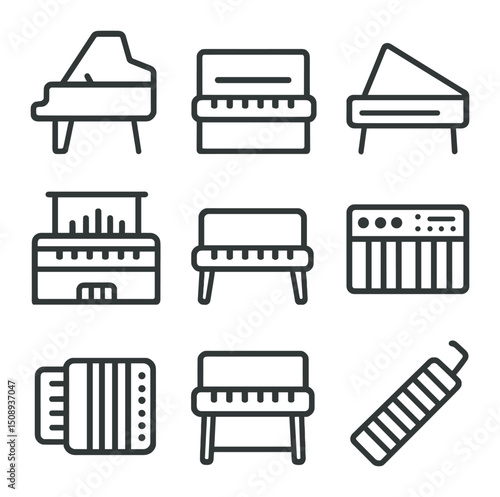 Keyboard Instrument Icons. Outline icon set of keyboard instrument collection: grand piano, upright piano, harpsichord, organ,