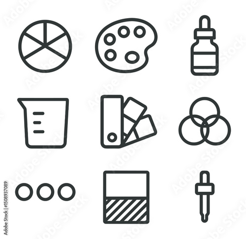 Color Mixing Icons. Outline icon set of color mixing station: color wheel, mixing tray, dropper bottle, measuring cup, swatch