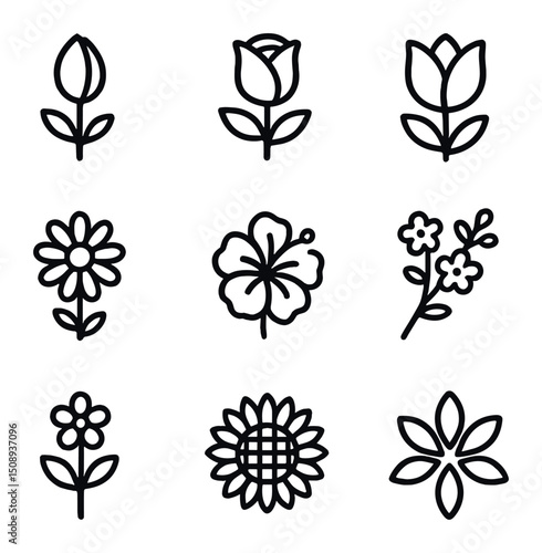 Wallpaper Mural Blooming Flower Icons. Outline icon set of flower blooming: flower bud, blooming rose, tulip in Torontodigital.ca