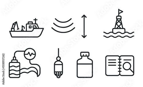 Marine exploration equipment icons for research and navigation design