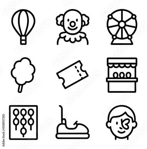 Carnival Icon Set. Outline icon set of carnival balloon scene: carnival balloon, clown silhouette, ride outline, cotton candy,