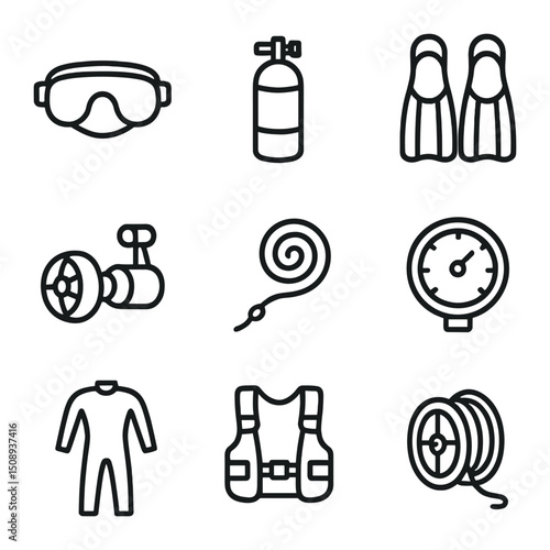 Cave Diving Icon Set. Outline icon set of subaqueous caves: diving mask, scuba tank, fins, underwater scooter, safety line, depth