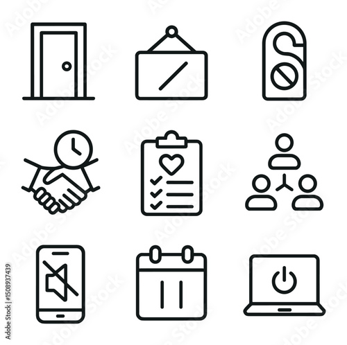 Boundary Icons Set. Outline icon set of time management tools for leaders: wall clock, time block