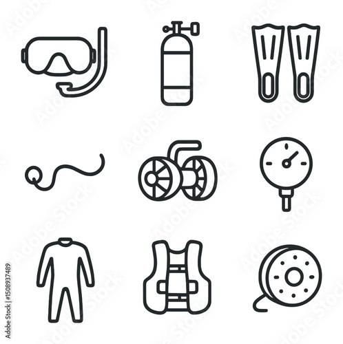 Cave Diving Icon Set. Outline icon set of subaqueous caves: diving mask, scuba tank, fins, underwater scooter, safety line, depth