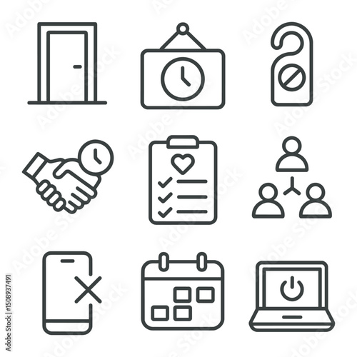 Boundary Icons Set. Outline icon set of personal and professional boundary-setting: closed office