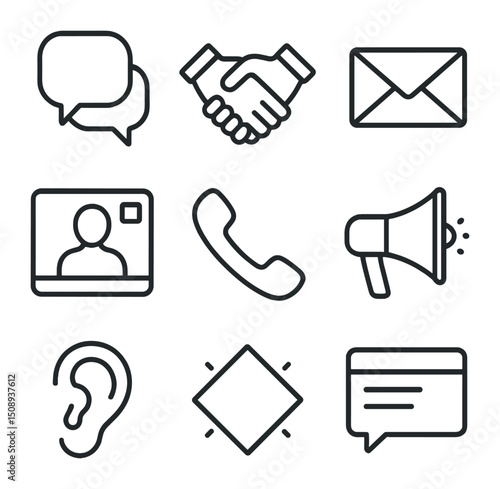 Communication Icons Set. Outline icon set of effective communication methods: speech bubbles, handshake, envelope, video call