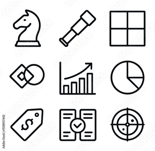 Competitor Analysis Icons. Outline icon set of competitor analysis tools: chess knight, spyglass, SWOT grid, competitor logo,