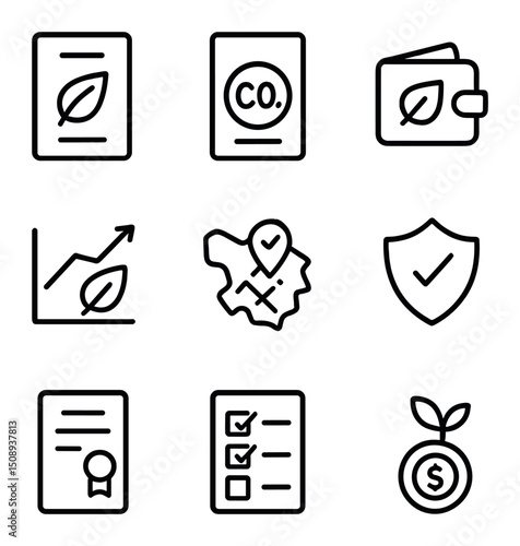 Climate Finance Icons. Outline icon set of climate finance instruments: green bond, carbon credit certificate, climate fund wallet