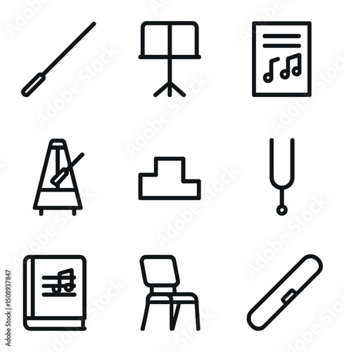 Conducting Tools Icon Set. Outline icon set of ensemble and conducting tools: conductor baton, music stand, sheet music, metronome