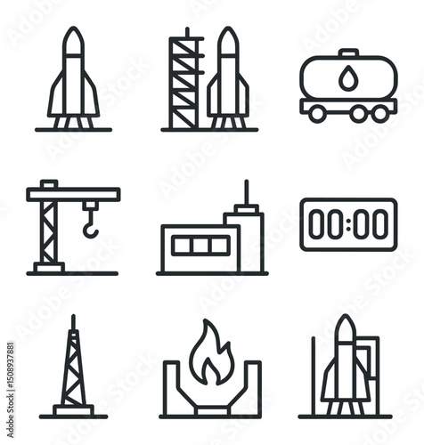 Launch Infrastructure Icons. Outline icon set of launch infrastructure: launch pad, service tower, fueling tanker, gantry crane,