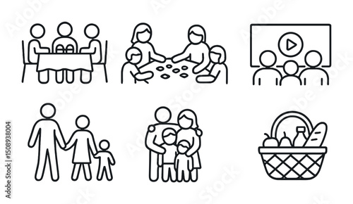 Family activities and gatherings outline icons for design projects