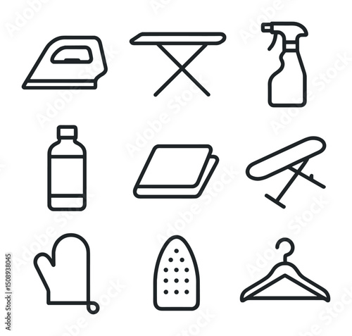 Clothing Ironing Essentials. Outline icon set of clothing ironing essentials: flat iron, ironing board, spray bottle, starch