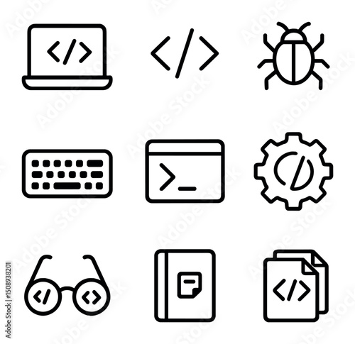 Coding Icons Set. Outline icon set of coding practice routines: laptop screen, code brackets, keyboard, bug icon, terminal window,