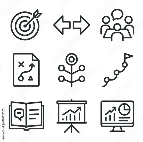 Business Goal Icons. Outline icon set of business goal alignment sessions: bullseye target,