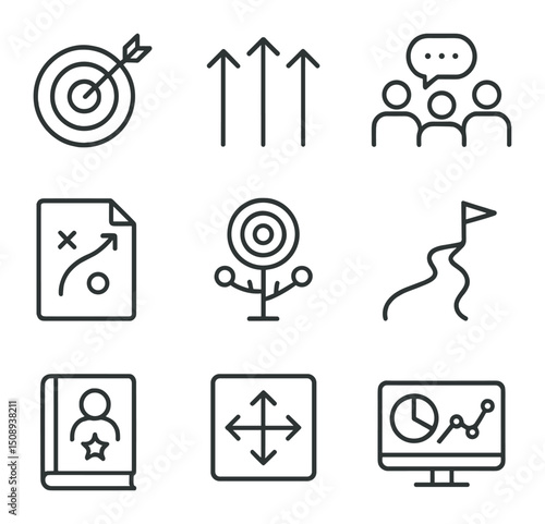 Business Goal Icons. Outline icon set of business goal alignment sessions: bullseye target,