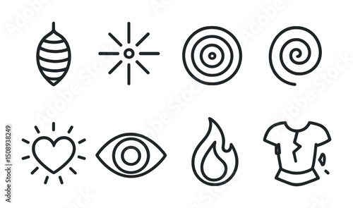 Icon set featuring spirals, hearts, and other symbolic designs for various creative uses