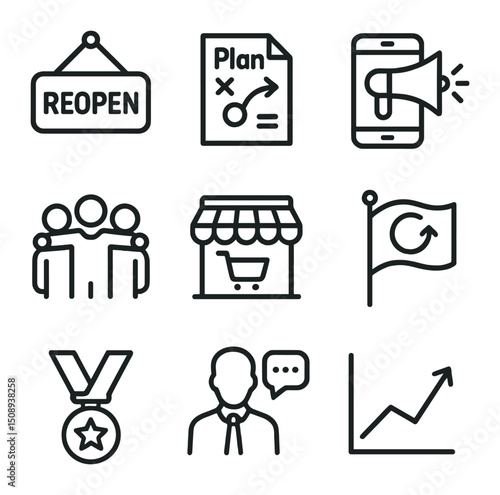 Business Growth Icons. Outline icon set of business resilience and growth: reopen sign, plan