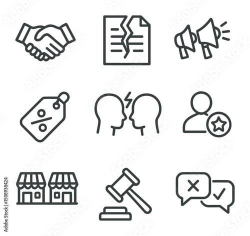 Business Rivalry Icons. Outline icon set of business rivalry: handshake deal, broken contract,