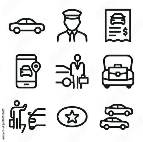 Business Transport Icons. Outline icon set of business transportation services: black car sedan,