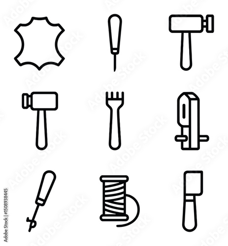 Leatherworking Tools Icons. Outline icon set of leatherworking bench: leather hide, stitching awl, edge beveler, mallet, leather
