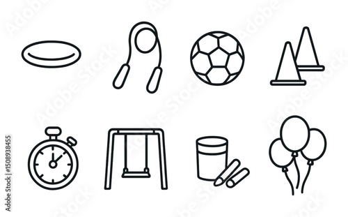 Fun outdoor activities: frisbee, jump rope, and sports equipment icons