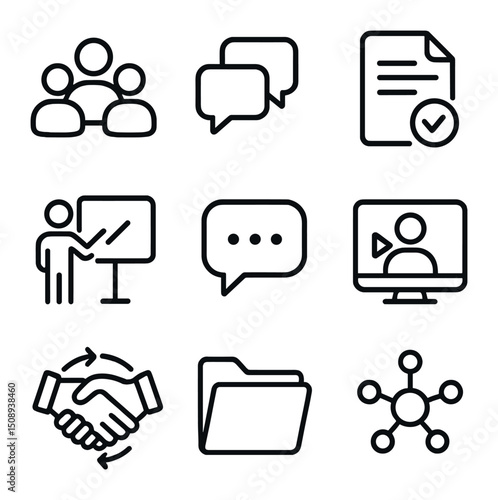 Collaborative Learning Icons. Outline icon set of collaborative learning: group of users, chat bubbles cluster, shared document,