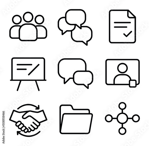 Collaborative Learning Icons. Outline icon set of collaborative learning: group of users, chat bubbles cluster, shared document,