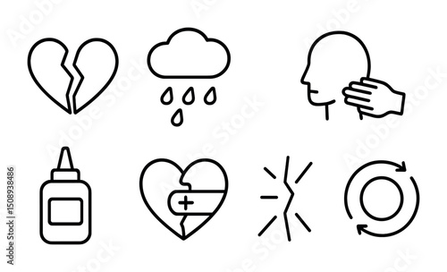 Emotional healing and recovery icon set for therapy and support