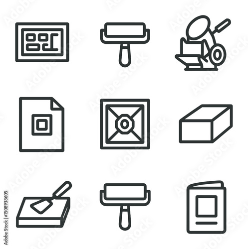 Letterpress Icon Set. Outline icon set of letterpress impression: type form, ink roller, platen press, paper impression, chase