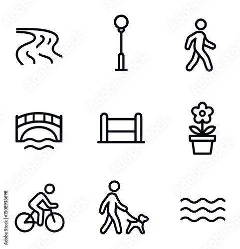 Canal Walk Icons. Outline icon set of canal-side daily walk: river channel, lamppost with globe